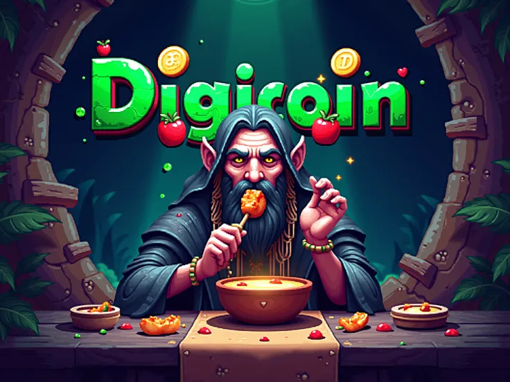 Pixel art Mystic , game ,  character eating a dip with logo of  a  black coin similar like Bitcoin but replace letter for a Green "D" not a "B" , high quality detalis , dont put any inscriptions on coin put something else like squares or lines , atypical 3...