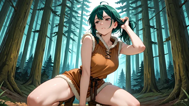 A rugged anime girl with short green hair, wearing a fur-trimmed tunic that ends high on her thighs, stalking prey with a bow in a pine forest, her body crouched low, the wind lifting her hair as she aims with a focused, sensual stare.