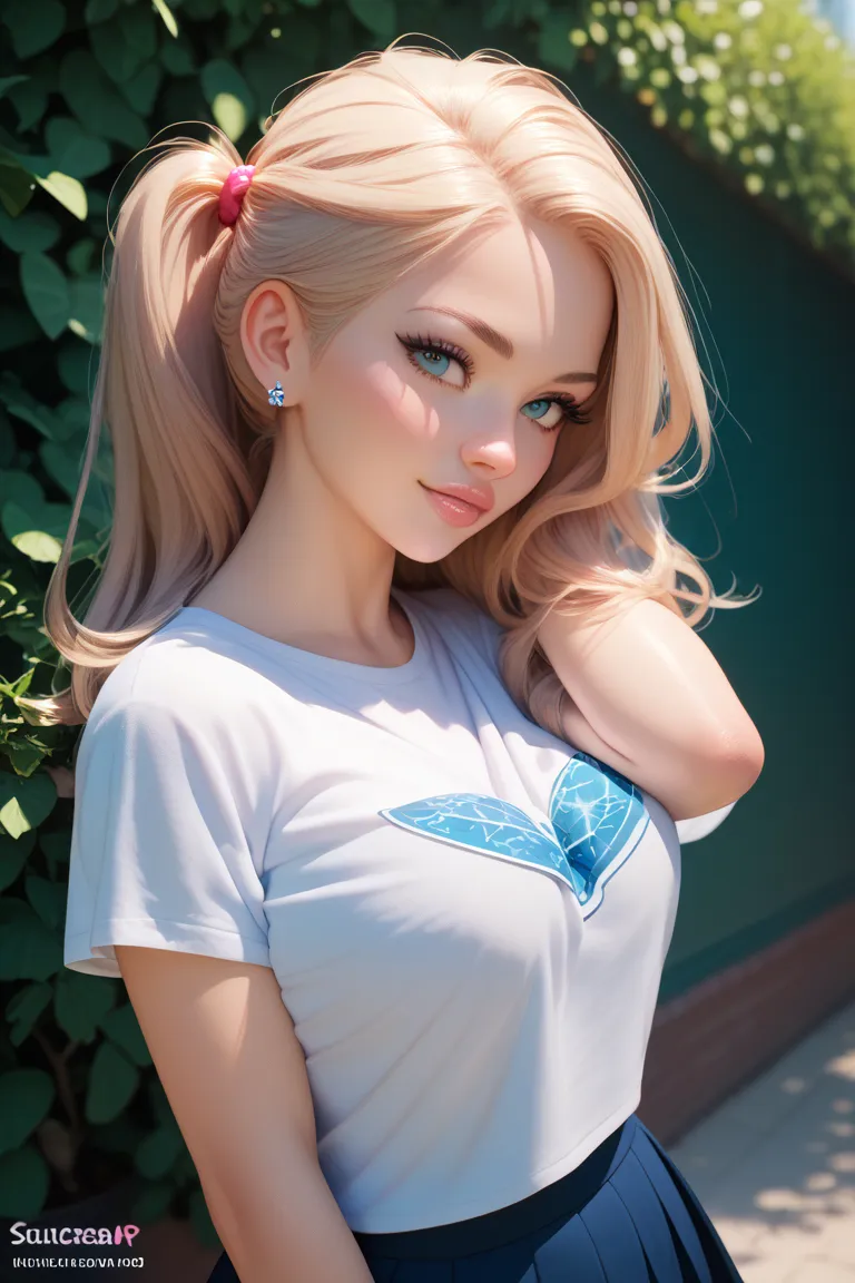 Make me a beautiful young girl in high school clothes, with giant tits and them strongly lifting their school t-shirt, The front of a 2D school, beautiful work of art