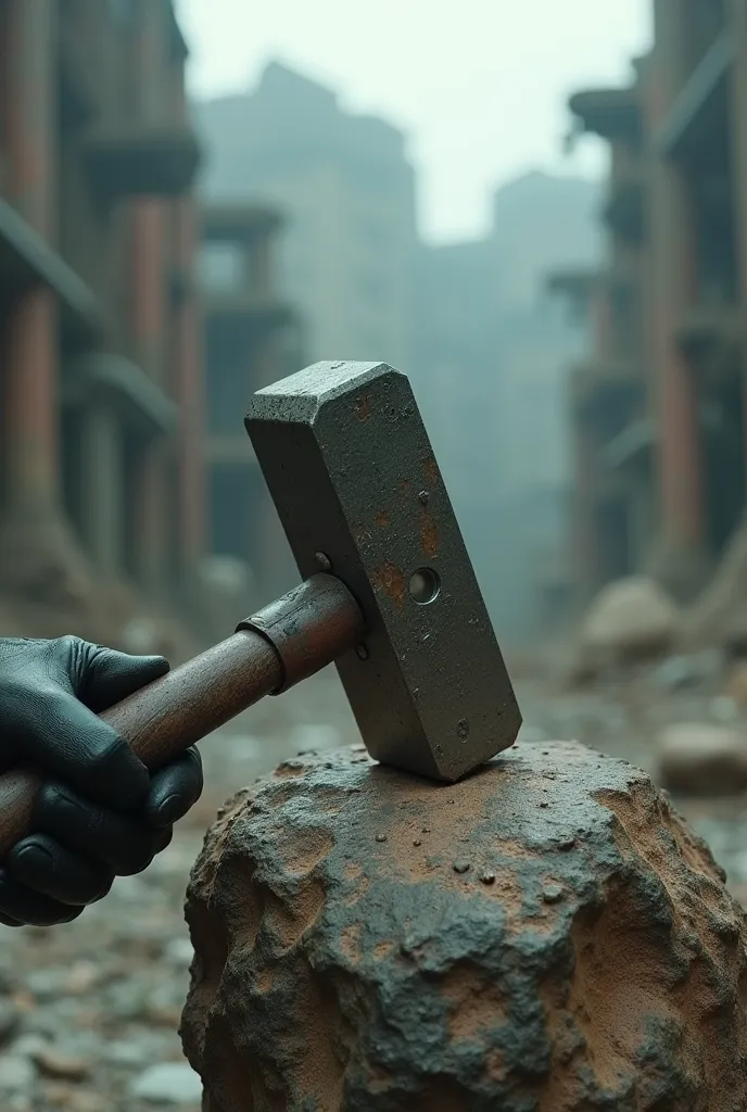 A hammer on a rock, in the foreground of a hyper-realistic, hyper-realistic ultra-detailed cinematic masterpiece Postapocalyptic 4k,ruined, metallic texture black 