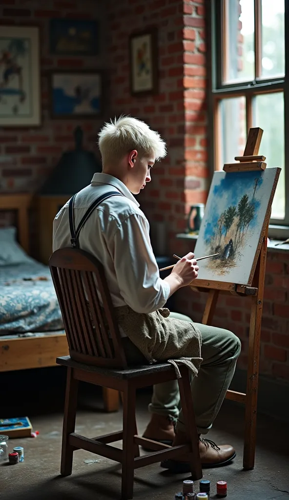 Boy 25 years old platinum short hair, white shirt,apron in paint,
, he sits with his back to the camera, so the back of his head can be seen beautifully. ((he's sitting on an old wooden bench )), ((in lazy in the style of drawing)) holding a palette and br...