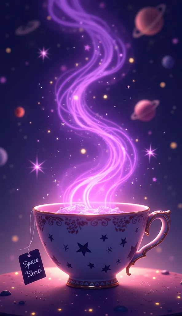 Here's a prompt idea inspired by the image:

Prompt:
"A whimsical, fantasy-style illustration of a tea cup filled with a magical, glowing purple liquid that swirls upward like a mystical vapor. The cup is decorated with small star patterns and is surrounde...