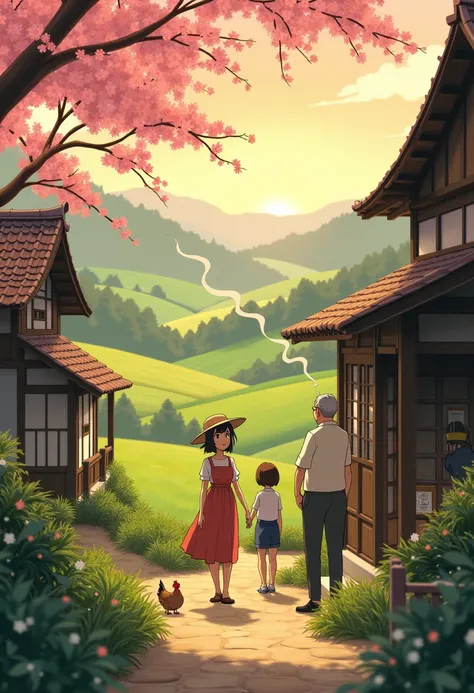 A peaceful countryside village in the soft morning light. Mist lingers over lush green rice fields, and wooden houses with tiled roofs are nestled among sakura trees. Smoke rises gently from chimneys. Villagers begin their day—an elderly woman hangs herbs ...