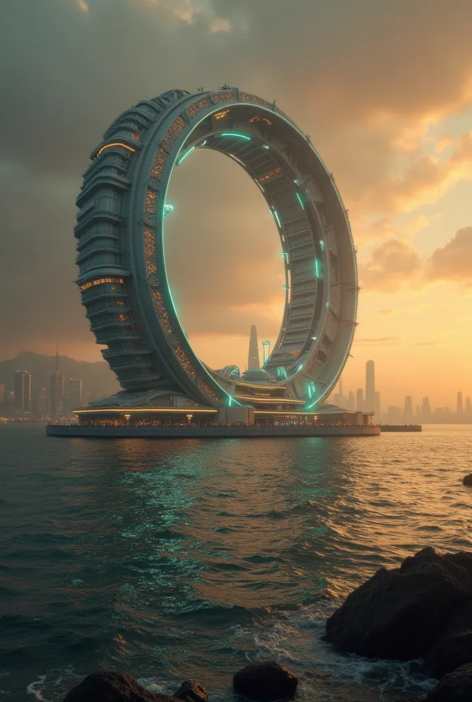 Help me with futuristic architecture, as if they were spaceships,  robots , neon lights, buildings in motion,, giant buildings that reach the sky, And this is in the sea, inside the ocean , There are no green areas, There are only round buildings, a brown-...