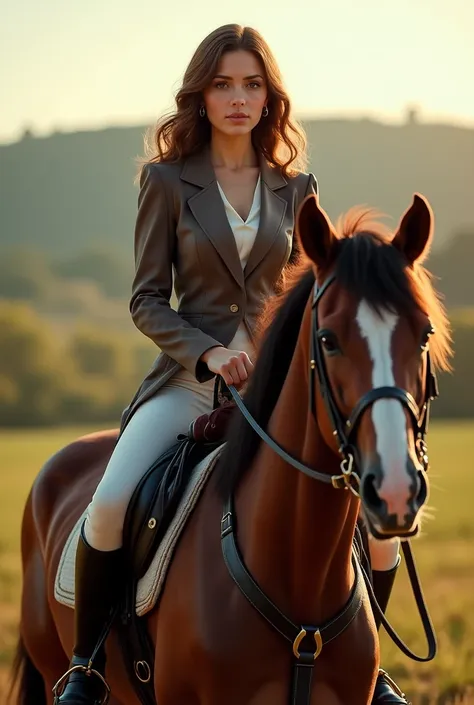 Beautiful brunette woman, on top of a horse 
