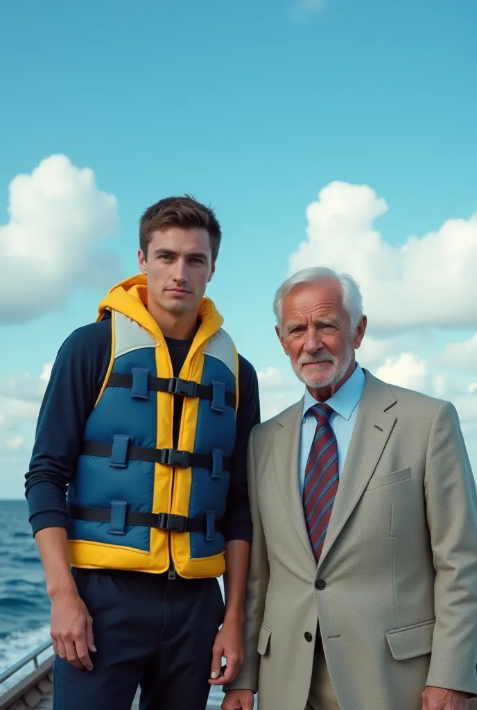 A realistic photograph showing two people together. The first is a young man wearing a colored life jacket ( blue and yellow)  and Dark Clothes , standing in a boat. The second is an older man, in a light colored suit and tie, that is next to you looking a...