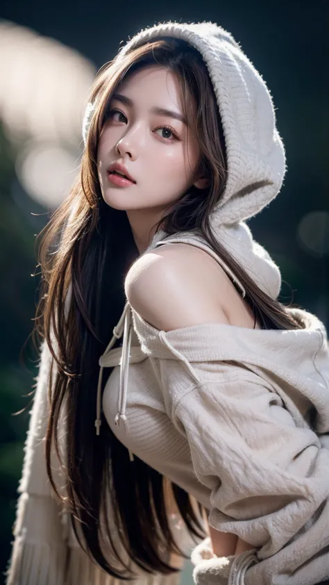  masterpiece , Highest quality, illustrations, ultra detailed, fine-grained, High Resolution,  8k, Perfect dynamic composition, ((beautiful woman under hoodie))、((Super long brown hair))、((Big Breasts))、beautiful detailed eyes ,  mouse, sexy face, expressi...