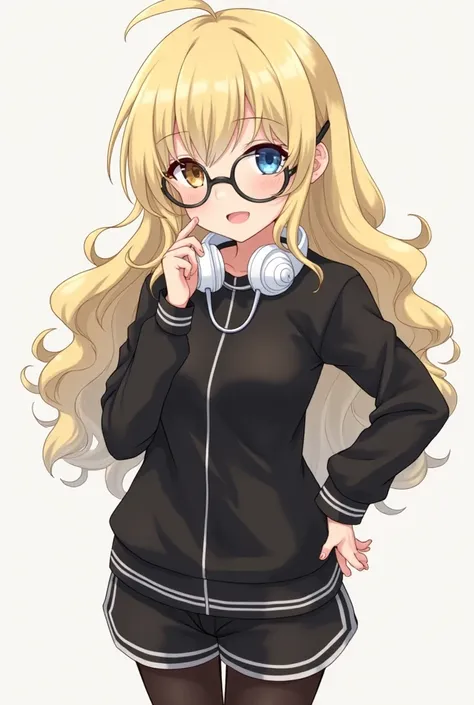 A character from Tokyo Revengrs anime version 
Brown skin color. long curly blonde hair, cut in layers with fringe, with the color of the left eye light brown, and the color of the right eye light blue, she wears glasses in the round black style, the cloth...