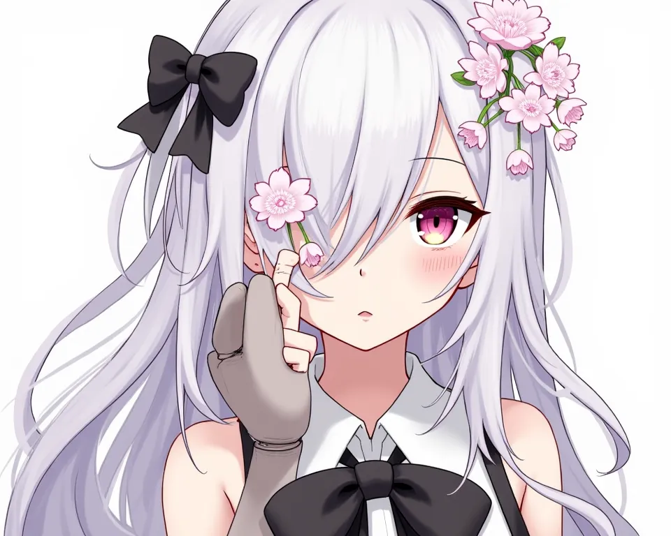 flower over eye,1girl,flower,solo,white hair,long hair,hair bow,bow,prosthetic arm,mechanical arms,prosthesis,one eye covered,single mechanical arm,green eyes,upper body,parted lips,gauntlets,black bow,hair ornament,white flower,hair flower,pink eyes,looki...