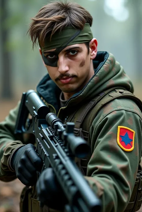 Snake from Metal Gear Solid wearing a camouflaged uniform and an eye patch on the right eye, Holding a Sniper in your hand oh you have to hold it with both hands Sniper I want the realistic photo of us to look good on me the full body photo I want a photo ...