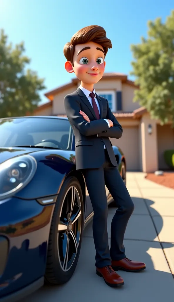 Create a Disney Pixar style wide shot of a young man (age 18, brown hair, professional attire) standing next to a sleek car in a driveway. The subject is placed slightly off-center, leaning against the car, looking proud. The point of view is low-angle, an...