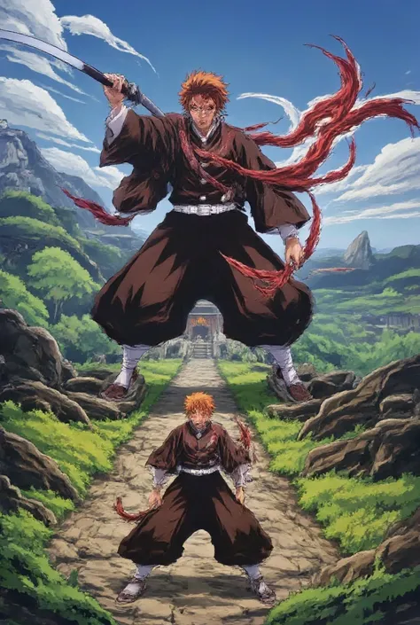 Ichigo Kurosaki fighting a demon near a house at the bottom of a small mountain