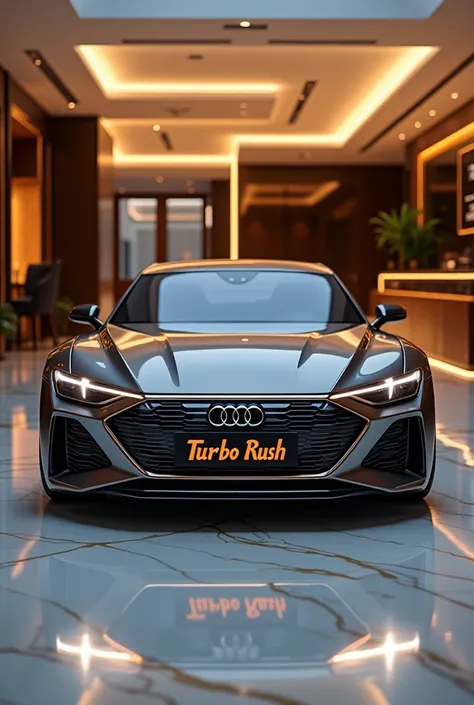 2025 Audi A7 HD picture in luxurious showroom and write name of turbo rush in nmbr plate with orange color 