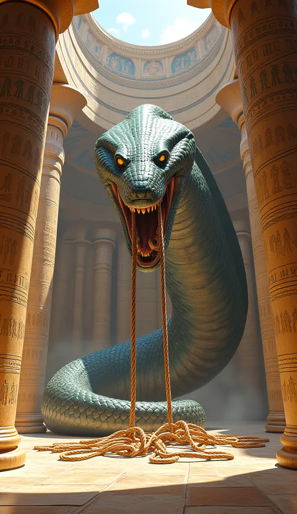 A huge, ferocious snake eats a group of ropes on the ground inside the hall of a pharaonic palace