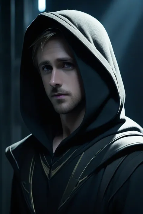 elf-like ears ,Ryan Thomas Gosling, close-up of an elf in a hood, , dark hood cinematic lighting,  robber, dressed as a rogue,  still from a science fiction movie ,эльф- robber 