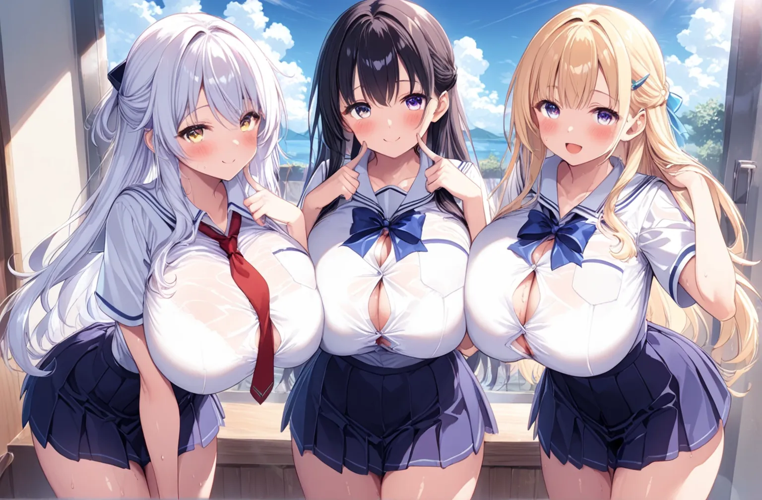 ((multiple girls,3girls)),(black hair,long hair,half updo,purple eyes,white shirt,collared shirt,pleated skirt,red tie,hair ornament,gigantic breasts:1.4,button gap,thighs,blush , smile,very cute girl,,arm under breasts,looking at viewer),(white hair,strai...