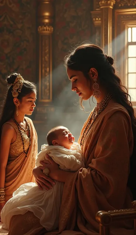 Ancient hindu maid gives birth to an healthy baby in a royal palace bed, surrounded by ancient hindu queen 