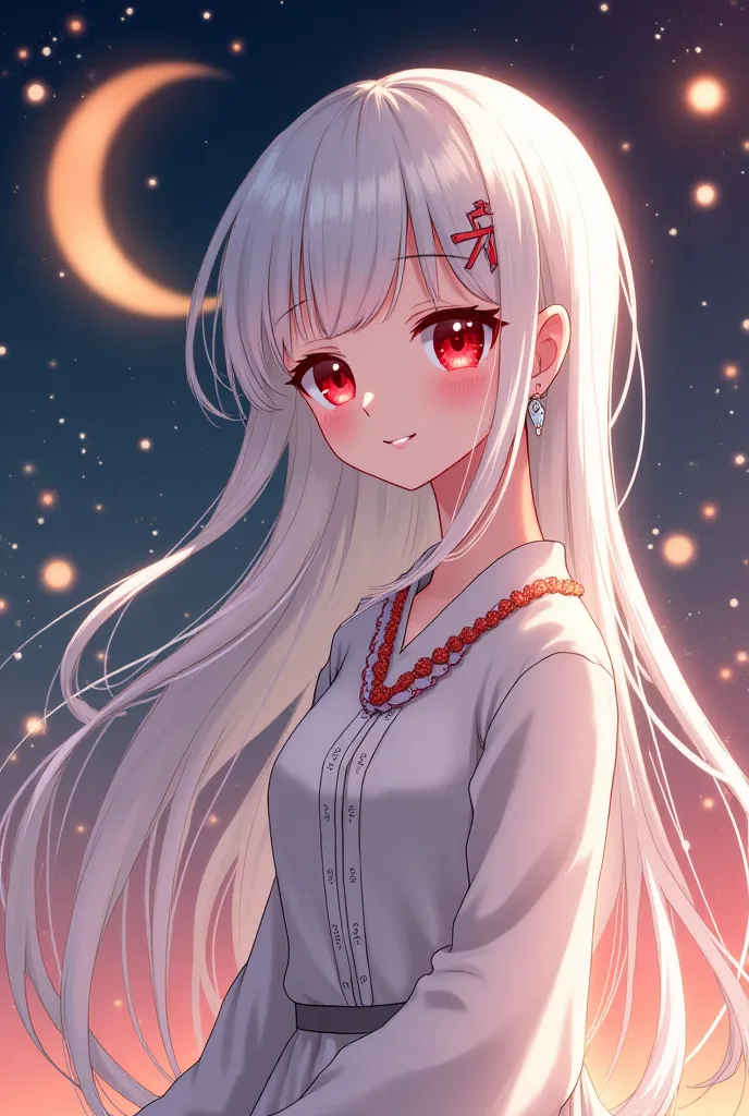 girl with long white  hair and red eyes on ramadan banner with night light she smile  and with simple eys no chibi style its anime style no much color she holding ramadan moon 