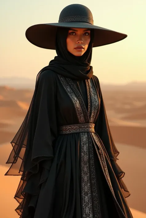 A woman in a black hijab wide round hat of cream color wears a flaming black silver dress posing facing the camera a beautiful desert background theme