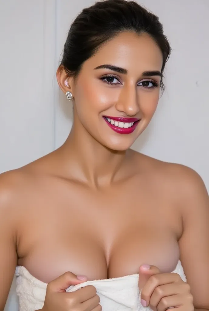 Ultra sexy indian stepmom,hourglass,hairs tied,red lipstick,lieing down on bed,looking at viewer,deep big cleavage,a brown naked beardless  boy liening down on bed in her right side,face not visible,he is facing towards bed,downside,his right hand is on th...