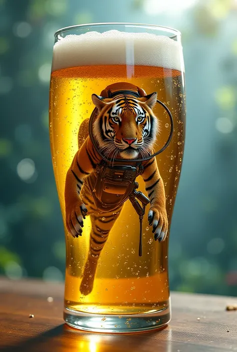 Act as if the beer glass were the ocean, And the tiger is there in the diving suit