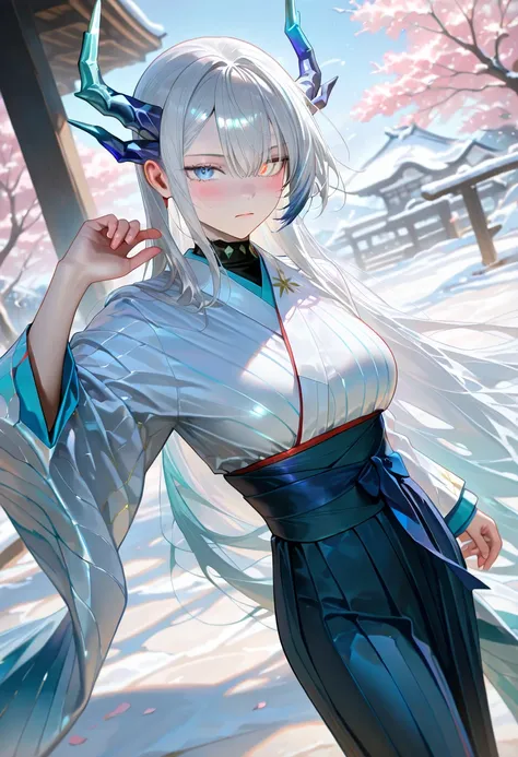  perfect face, (serious expression), detailed eyes, elegant, (heterochromatic eyes), (curved blue horns), dragon woman, wearing a white and pastel blue elegant kimono, cherry blossom background, long silver hair, side view, looking at viewer, snowy backgro...