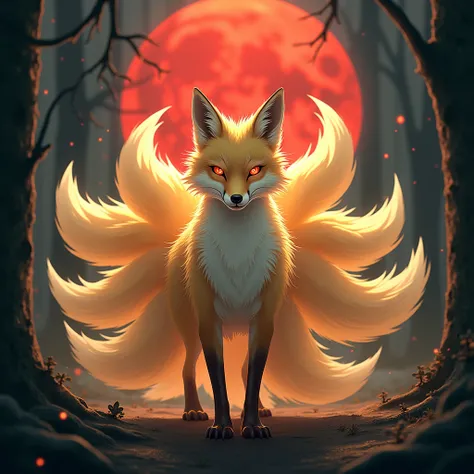 drawing from the height and front. Draw a fox with nine tails. the color of the fox is close to yellow like the glow of the sun. there is a bright red color in one of the eyes. and the other is bright like the sun and emits sparks. like their tails moving ...