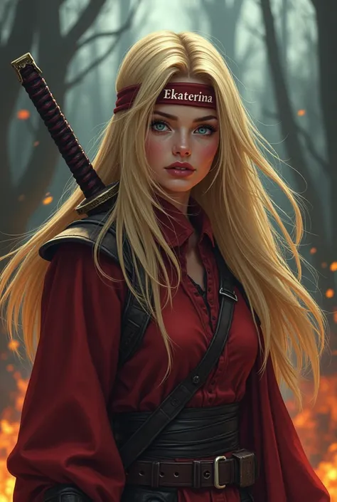 Woman with long straight blonde hair with light blue eyes red lips Michell Pfeiffer's face wearing warrior clothes a cat is close to her she wears a ribbon on her forehead that says "Ekaterina"  He wears a katana on his back ,  The background of the image ...