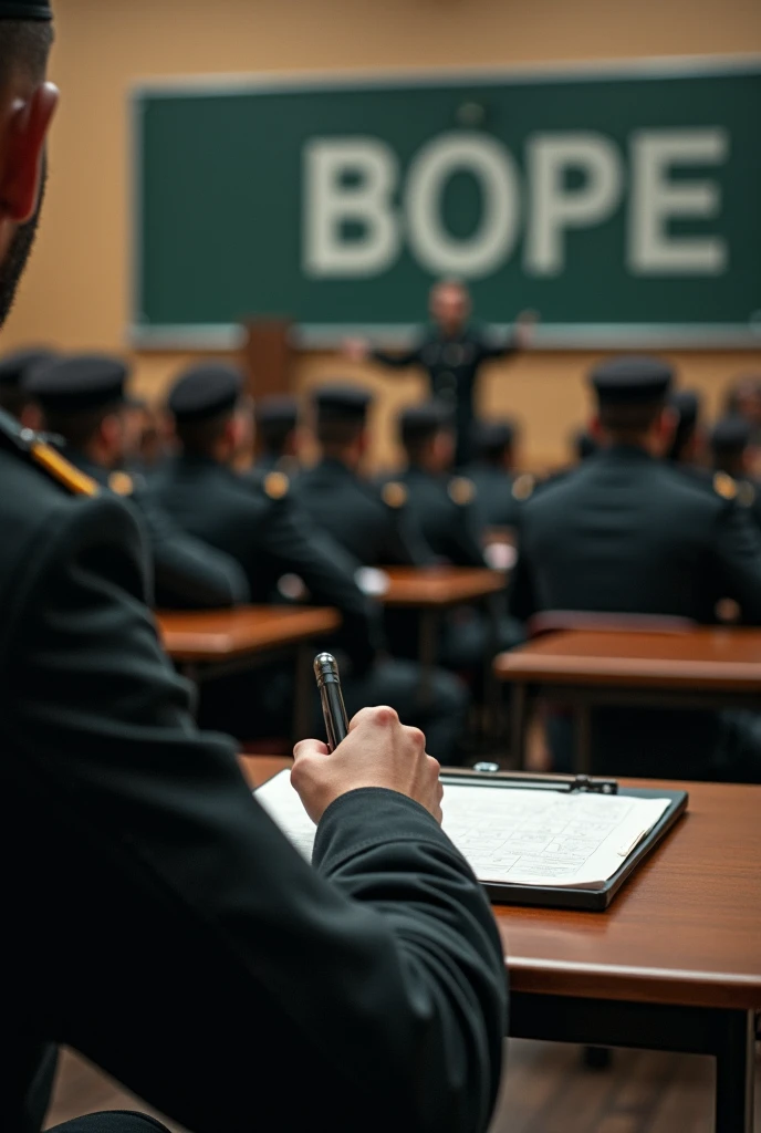 A first-person perspective scene featuring a left-handed soldier in a black BOPE uniform, sitting at a school-style desk. The left arm is emerging from the bottom of the image, resting on a small clipboard on the desk. The soldier is taking notes in an aud...