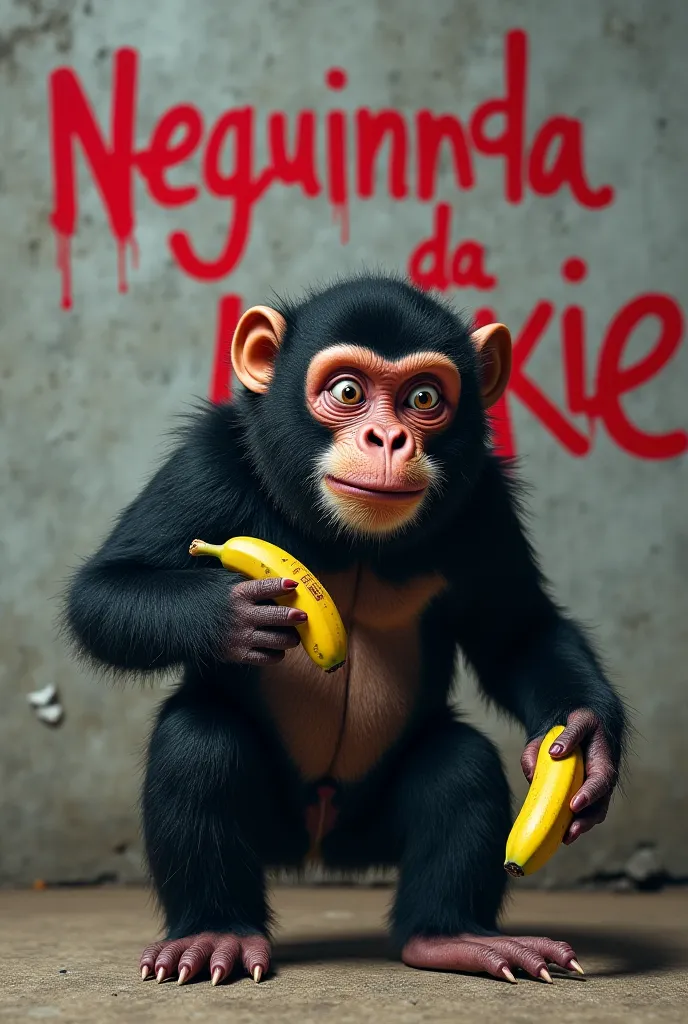 A black-bellied grizzly monkey with a banana in its hand in front of a gray wall that is pinched and written "NEGUINHO DA UNLIKE"  in red, Meanwhile the police approach him, And he gets scared