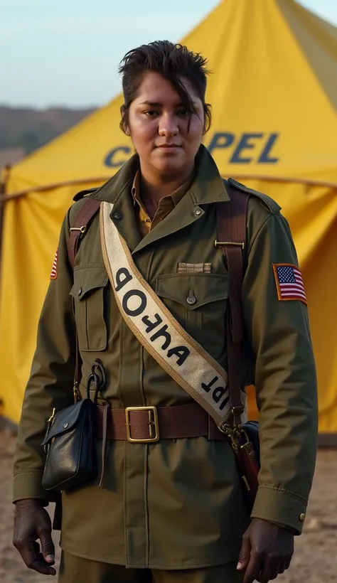 This image in survivor-style military costume with a banner that says out Rocha, Use this face and body as a reference, that is looking forward with a face of hunger and despair, in the background place a yellow tent with the letters of Coppel, With traces...