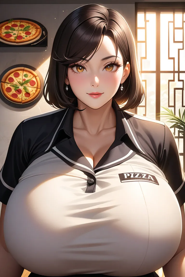 (very aesthetic, best quality, ultra detailed), masterpiece, expressive eyes, perfect face, mature face, beautiful, gigantic breasts, pizza delivery uniform