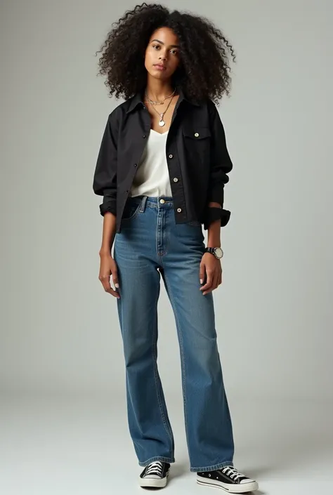  A Girl,black and curly hair,  with an eyebrow piercing , wears a necklace, A long-sleeved shirt, long jeans, Wear a black all-star and wear a watch