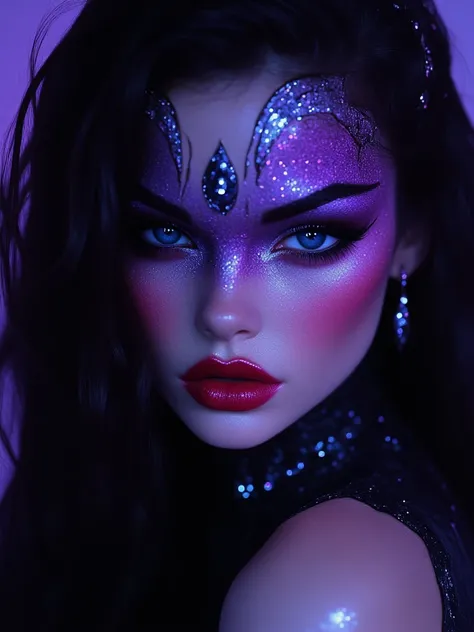 AN IMAGE OF THE FACE OF AN EXTREMELY BEAUTIFUL WOMAN, con Traits europeos ((Arabs)), LONG BLACK HAIR BLUE EYES SAPPHIRE RED CHEEKS SHINY SKIN GLITTER, Traits,  crimson red lips , COLLAR DE DIAMANTES FONDO BRILLOSO purple Y LILA, NEON LIGHT, without lightin...