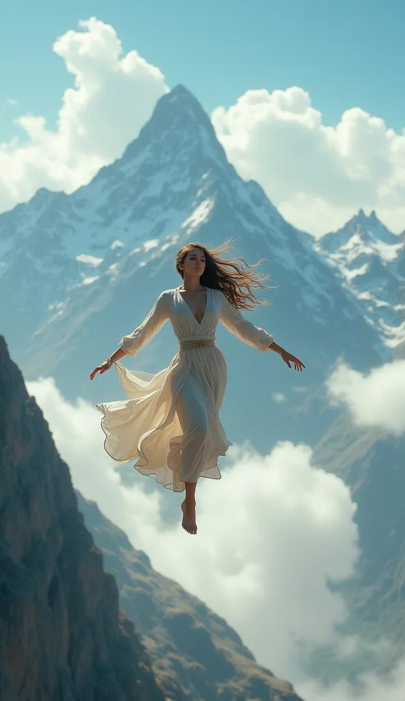 Real image of a woman flying over the mountains
