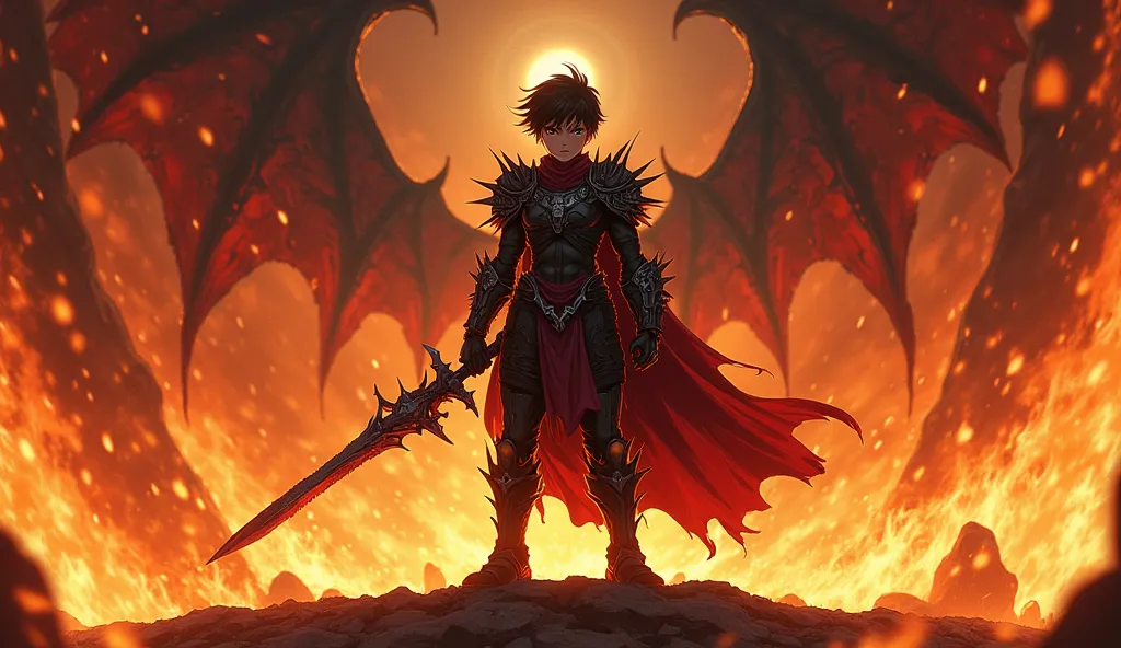 Solo, 1boy, High Resolution, High Details, Diablo Armor, Diablo Sword, Standing, Action, Third to viewer, Foreshortening, Fires, Anime Style, Anime, 