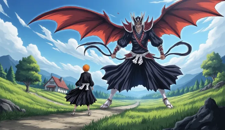 Ichigo Kurosaki fighting a demon near a house at the bottom of a small mountain