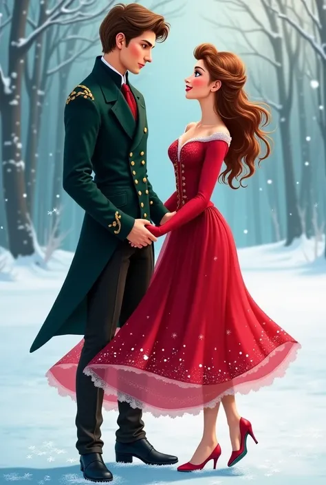 peux tu faire Créer une image d’ une femme très jolie avec des cheveux long brune avec des yeux vert avec sa robe rouge debout avec ses patins à glace au pied avec un homme qui lui tien la main avec des patins a leur pied
