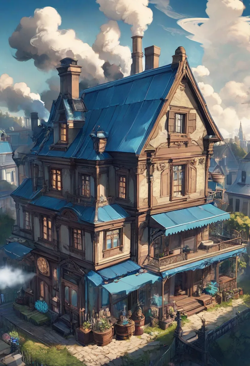 2D Digital Art,, LoR Art Style , Legends of runeterra art style, Victorian House,  steampunk, blue roofs , smoke