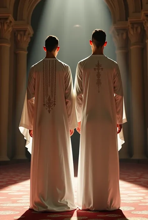 Ronaldo and Messi inside in a mosque They are wearing traditional Muslim attire—Ronaldo in a white thobe and Messi in a beige thobe, both with elegant embroidery.