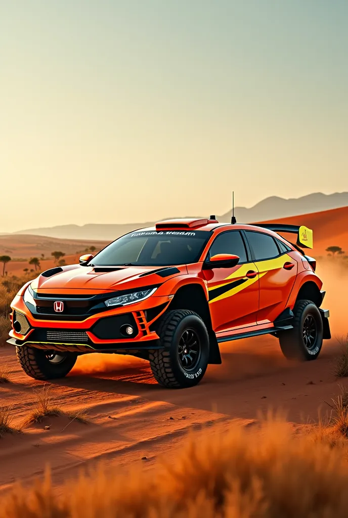  realistic photo, Honda Civic R-Type, orange with yellow details,  rally version ,  aggressive body kit , African savanna, raised suspension and large wheels