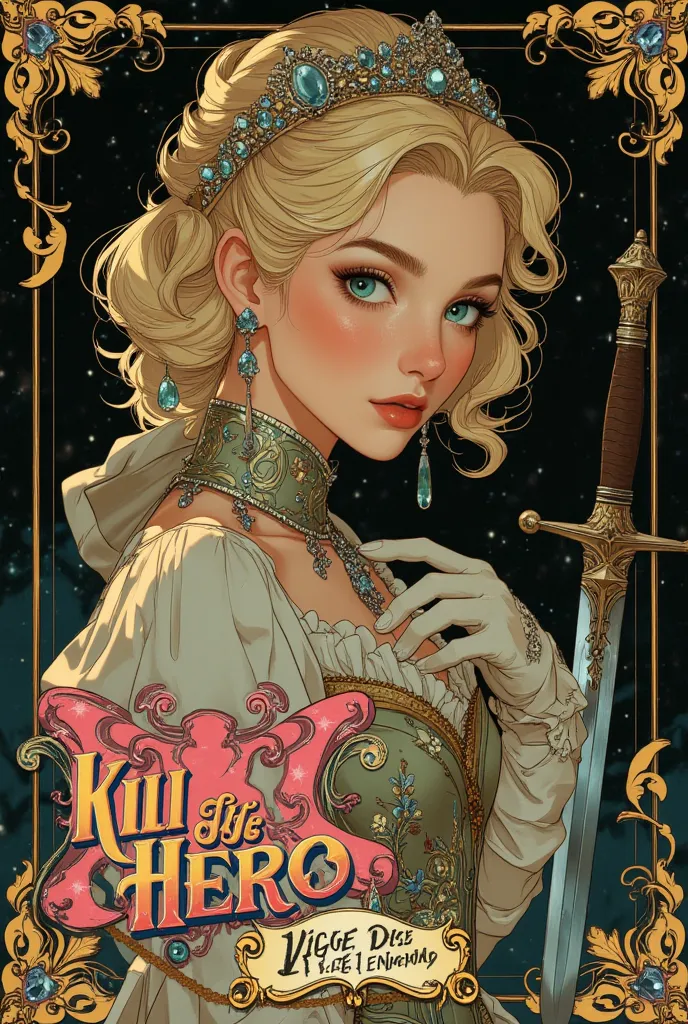 An otome book cover of a beautiful 17-year-old rainasances asian princess with blond hair beautiful blue eyes (she is a Korean villainess) ahe is wearing extravagant ball gown decorated with diamonds and beautiful gloves and beside her is a 18 years old du...