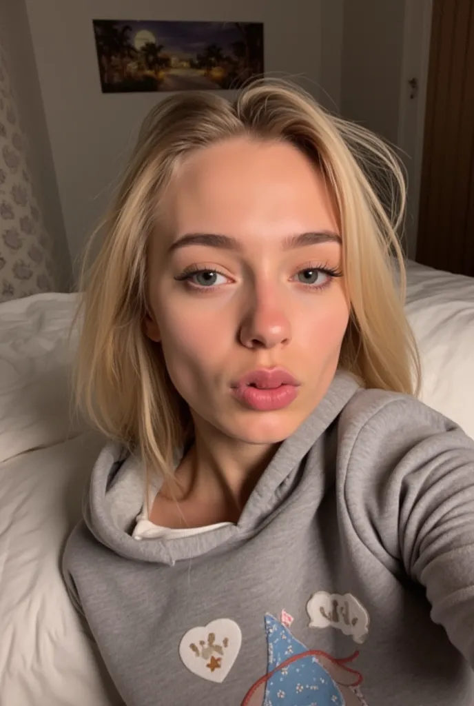 A hot skinny 18 year old American blonde hair girl. Have her in her room laying down she should be wearing a hoodie. Making a kiss face. It should be night time. The Camera angle should be a selfie in bed.