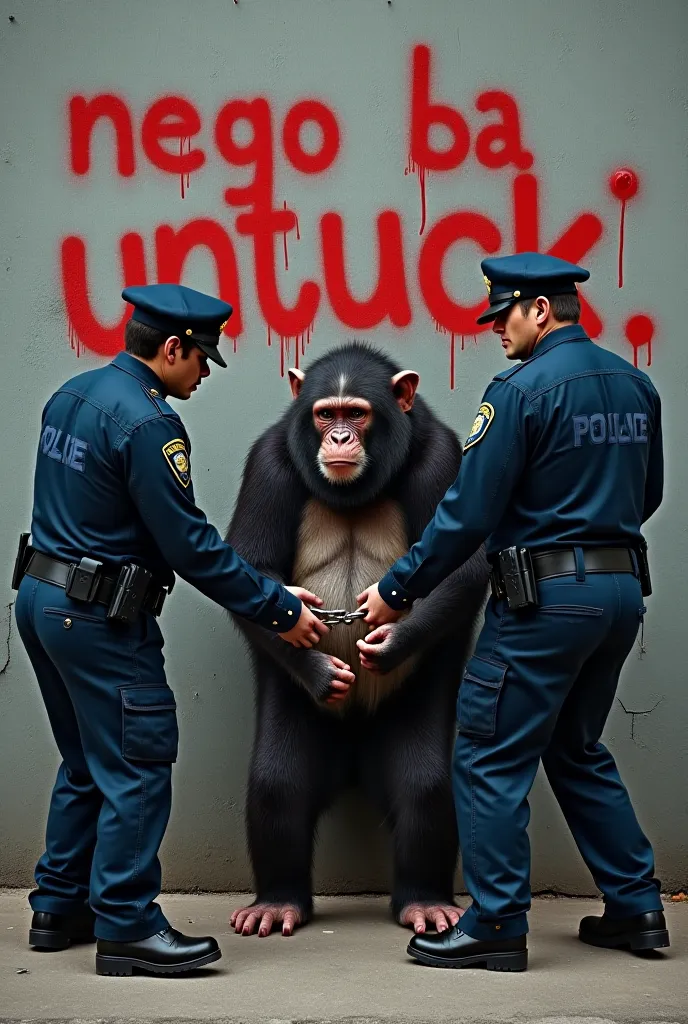 The police handcuff a bellied black monkey gray in front of a gray wall that is painted written "NEGO DA UNLIKE"  in red, He gets scared