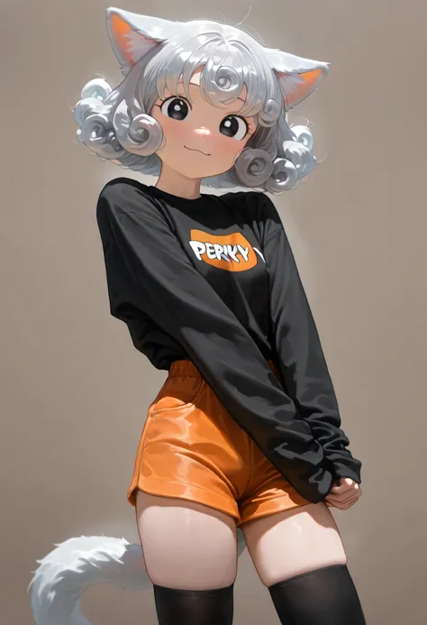 1GIRL, cute girl, ,  cute style, ****, cat girl style, multicolored, ((long silver curly hair)), , ((perky cat ears)), ((fluffy cat tail)), ((long sleeve shirt and shorts)), ((orange and black clothes)), ((street wear style clothes)), ((thigh high socks)),...