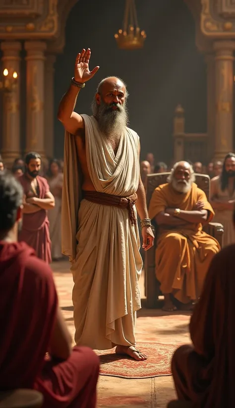 Vidura, a sage-like minister with deep, intelligent eyes, stands in the royal assembly of Hastinapura. Dressed in a simple yet dignified dhoti, he raises his hand in a gesture of wisdom. Dhritarashtra, the blind king, sits on his throne, his face thoughtfu...