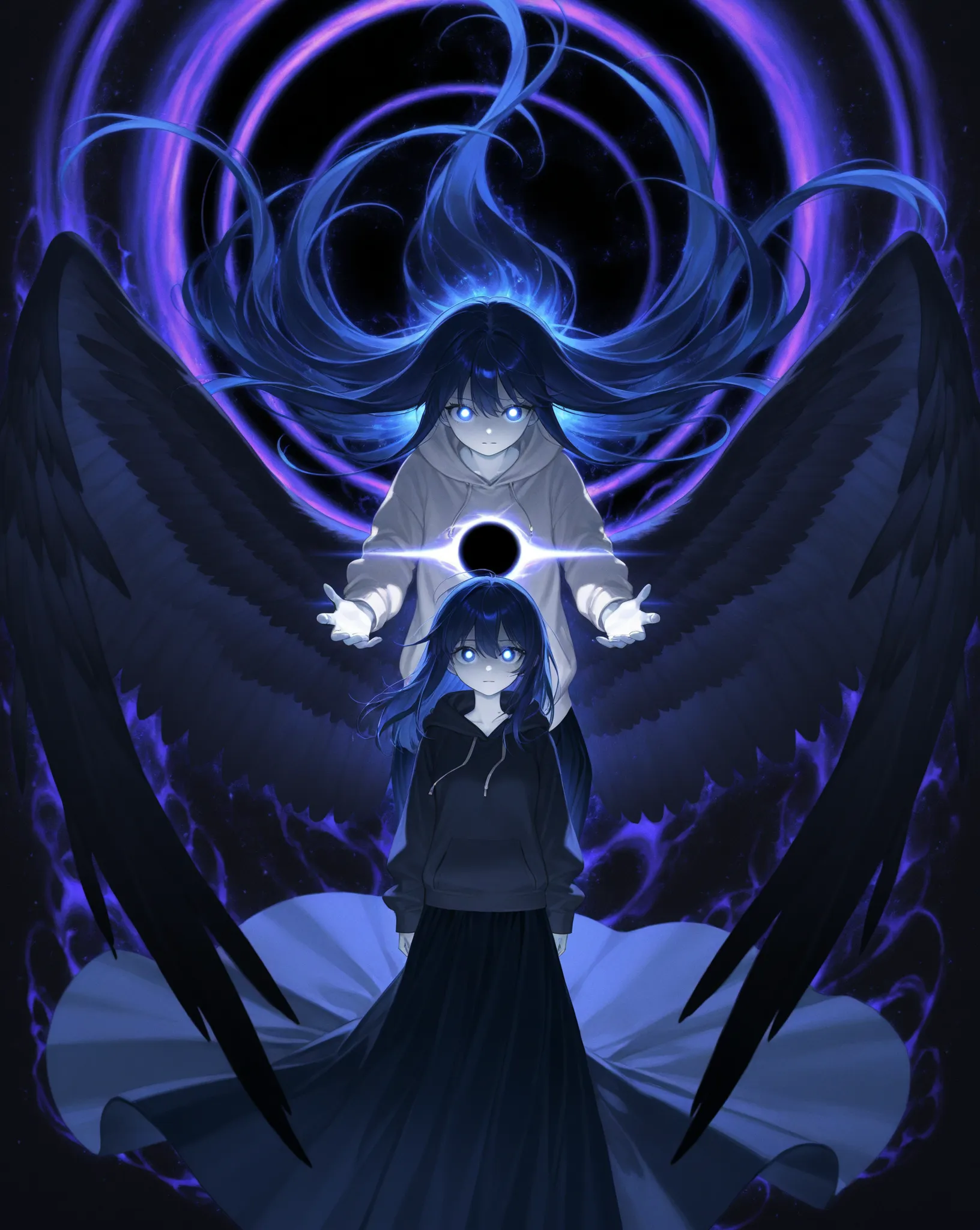 dark blue hair、 One Woman 、 hoodie、dark blue eyes、best image quality、highest resolution、long skirt、Crow's Wings、 white skin、、Cosmic Aura、 glowing eyes、black hole、long hair