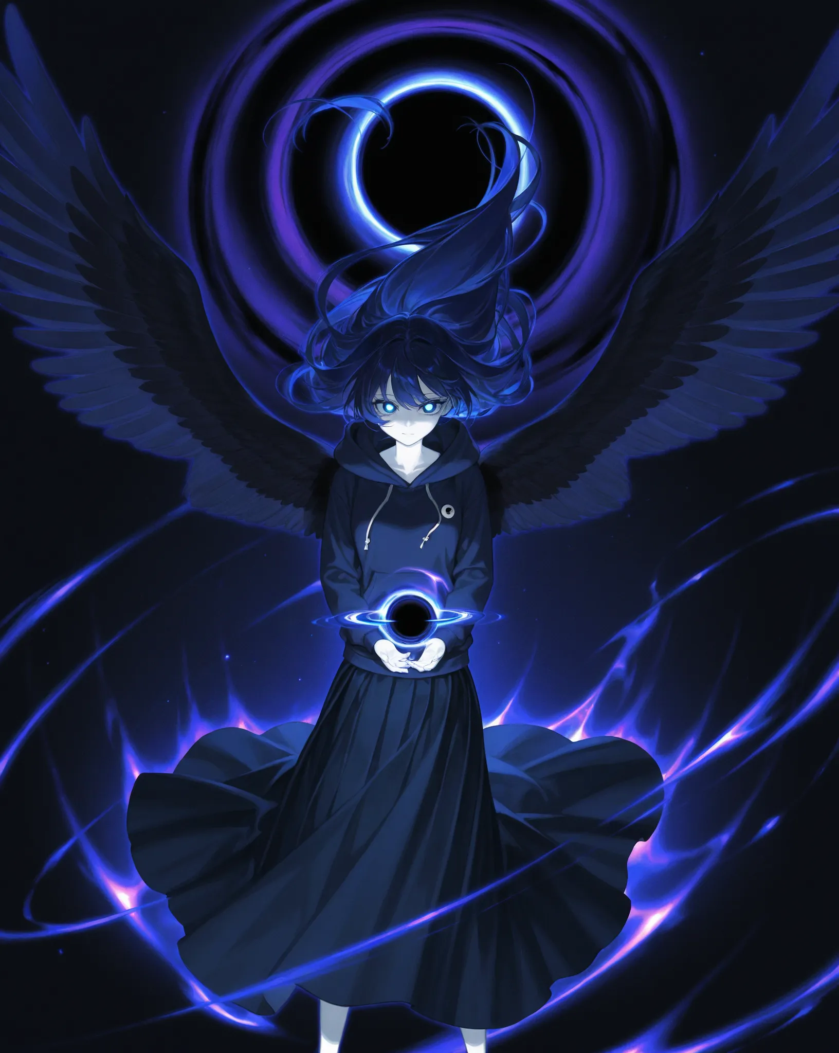 dark blue hair、 One Woman 、 hoodie、dark blue eyes、best image quality、highest resolution、long skirt、Crow's Wings、 white skin、、Cosmic Aura、 glowing eyes、black hole、long hair