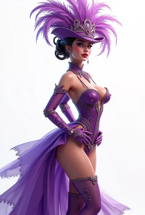 As an expert in creating fantasy and realistic 3D digital art, Create a vibrant and elegant digital illustration of a woman dressed as a carnival girl, purple color, feathers, with shining jewels, pearl, who has breasts,  hips and butt , white background, ...