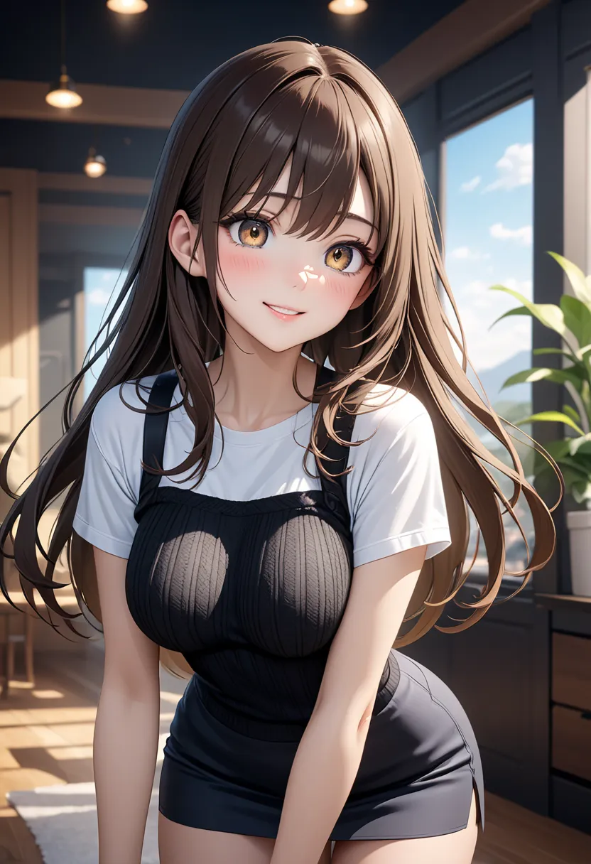 ( Best Quality ), (High Resolution), (8k), (inelity detailed background), (masterpiece:1.2),Beautiful Girl,midium breasts, Shiny dark brown hair, long hair, fine hair, beautiful brown eyes, (detailed eyes), (beautiful eyes), A neat nose, break, hair breast...